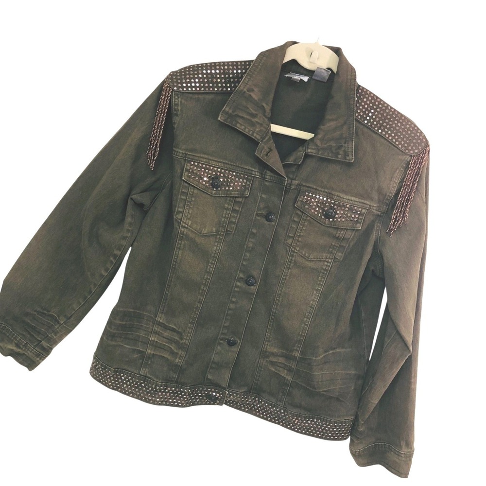 DG2 Diane Gilman Studded Fringe Jacket Western Boho Military Olive Brown Sz XL